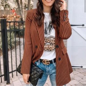 NWT Bar III Womens Gingham Suit Two-Button Blazer Brown S